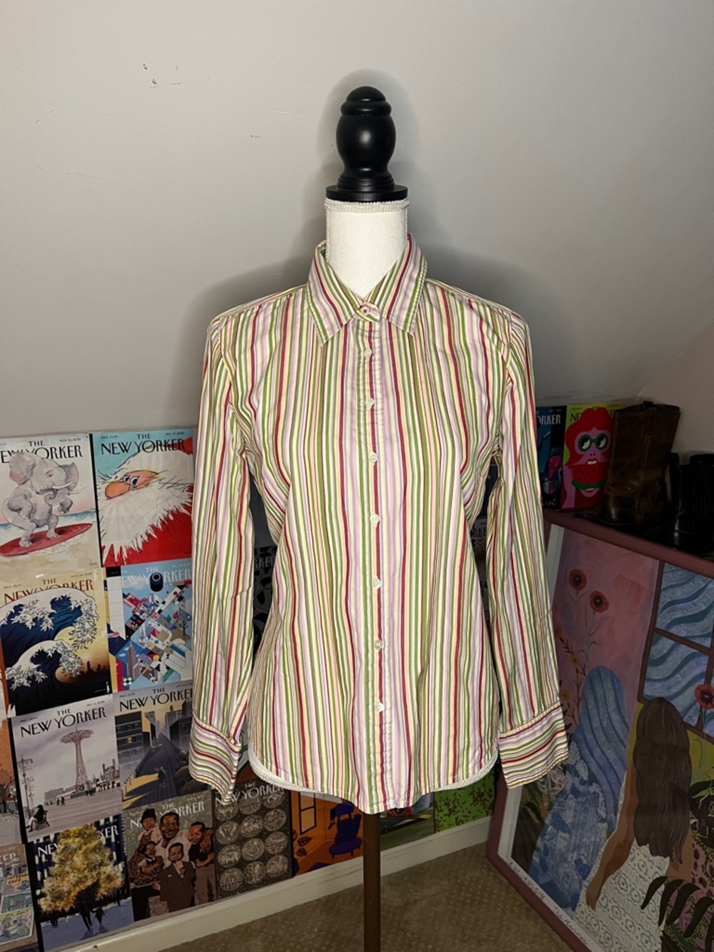 J. Crew Multicolor Striped Button-Up Shirt — Green, Pink & White